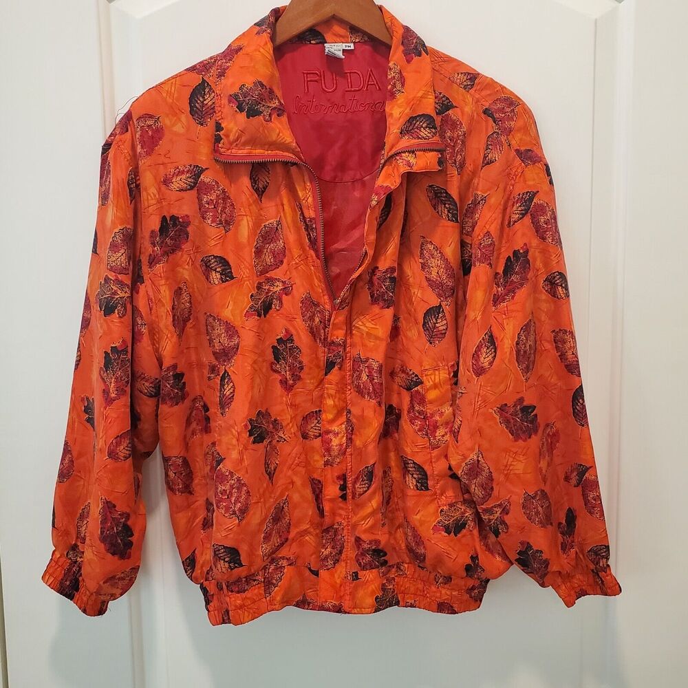 VTG Fuda International Sz PM 100% Silk Jacket Orange Red Fall Leaves Pockets M
